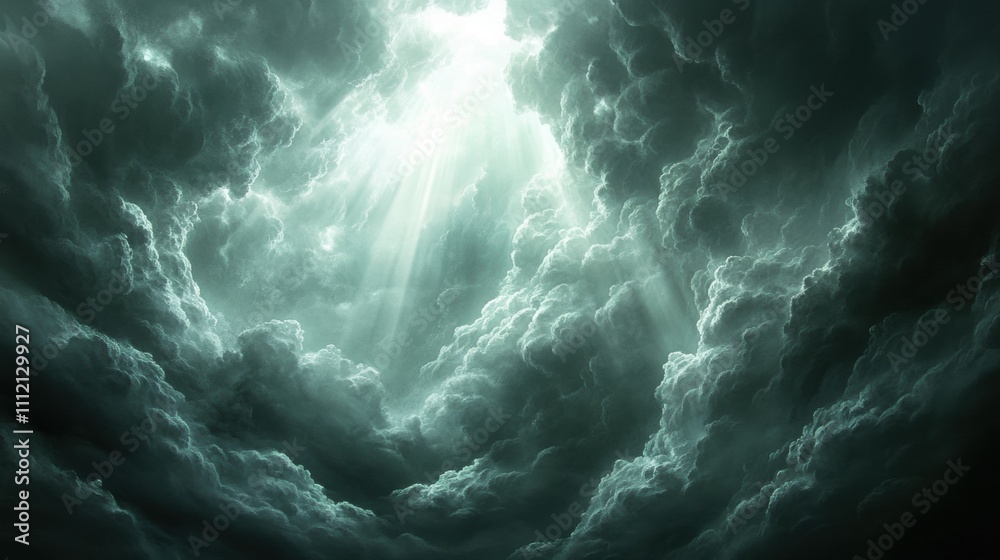 Dark and Ominous Clouds Illuminated by Rays of Light in a Dramatic Skyscape Depicting Nature’s Majesty and Power at Dusk Dark and Ominous Clouds Illuminated by Rays of Light in a Dramatic Skyscape Depicting Nature’s Majesty and Power at Dusk