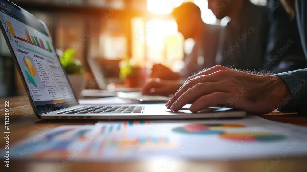 business team collaborates on financial analysis using laptops and charts, showcasing teamwork and productivity in modern workspace