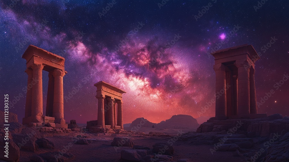 Naklejka premium Ancient ruins under a vibrant, starlit night sky.