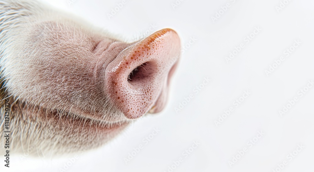 Naklejka premium Close up of a pink pig's snout on white background with copy space.