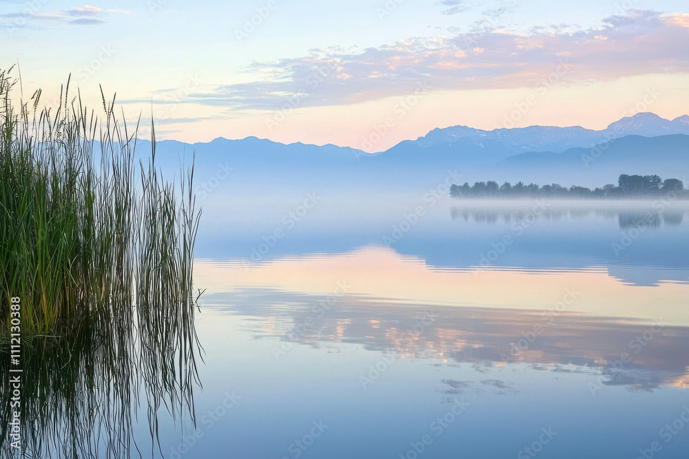 Serene Lakeside at Dawn with Still Water Reflecting Soft Colors Serene Lakeside at Dawn with Still Water Reflecting Soft Colors