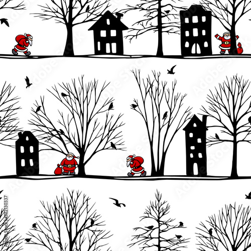 Vector seamless pattern with hand drawn cute Santas rushing to the houses with present bags. Beautiful Christmas design elements, perfect for prints and patterns