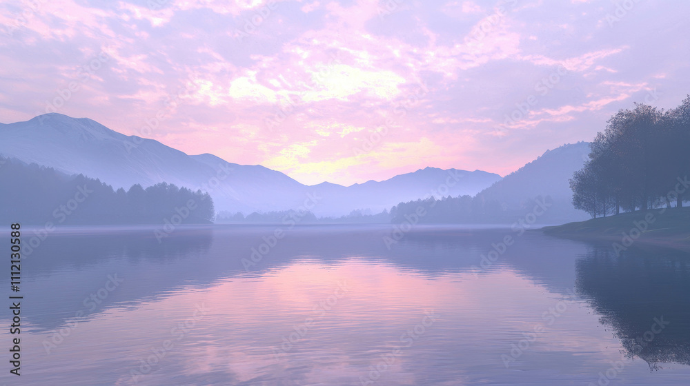 Obraz premium Serene Lakeside at Dawn with Still Water Reflecting Gentle Misty Landscape