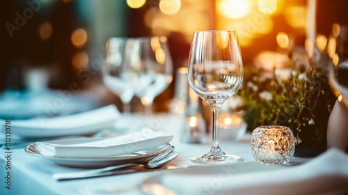 Elegant table setting with wine glasses and warm golden sunset reflections