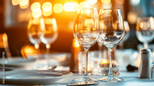 Elegant table setting with wine glasses and warm golden sunset reflections