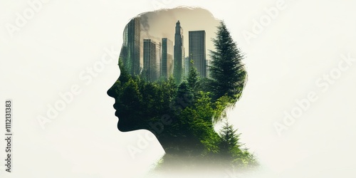 A creative double exposure of urban landscape and nature within a human silhouette.