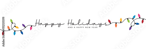 colorful fairy lights happy holidays typography isolated vector illustration