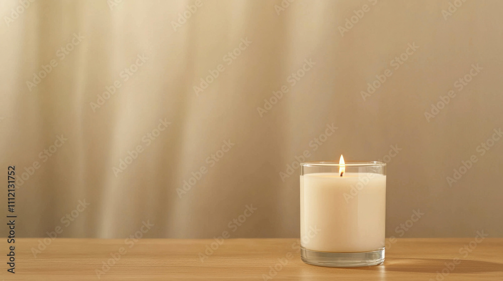Simple Scented Candle in Clear Glass Jar on Wooden Table with Soft Background Simple Scented Candle in Clear Glass Jar on Wooden Table with Soft Background
