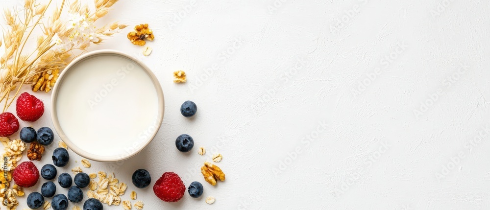 A healthy breakfast bowl with yogurt, berries, and granola on a white background. A healthy breakfast bowl with yogurt, berries, and granola on a white background.