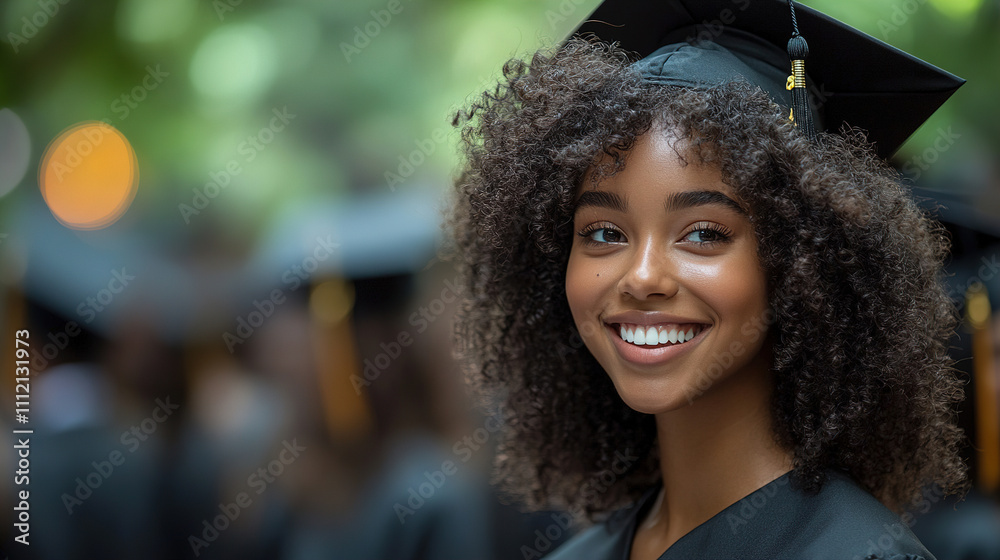 Fototapeta premium Graduating student smiles proudly during outdoor ceremony with classmates in academic caps and gowns. Generative AI