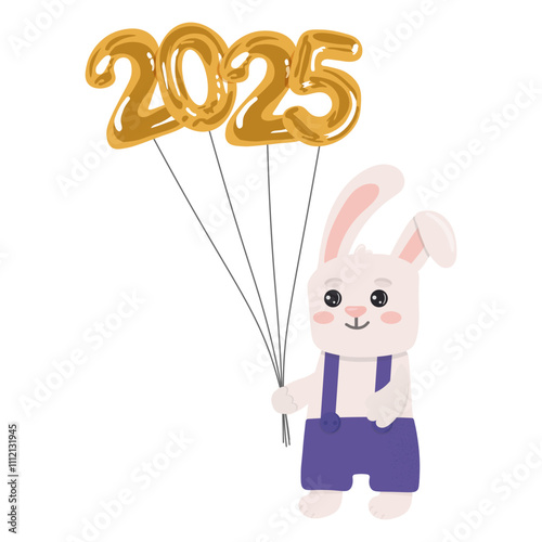 Illustration of cute rabbit with golden balloons 2025 isolated on white background. Illustration for posters, greeting cards and seasonal design.