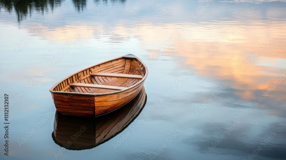 Small Wooden Boat Floating on Calm River with Reflections of Sunset Sky Small Wooden Boat Floating on Calm River with Reflections of Sunset Sky