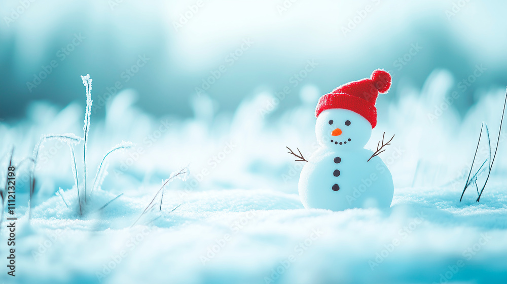 Obraz premium Cheerful snowman with a red knit hat standing in a snowy field surrounded by frosty grass on a bright winter day