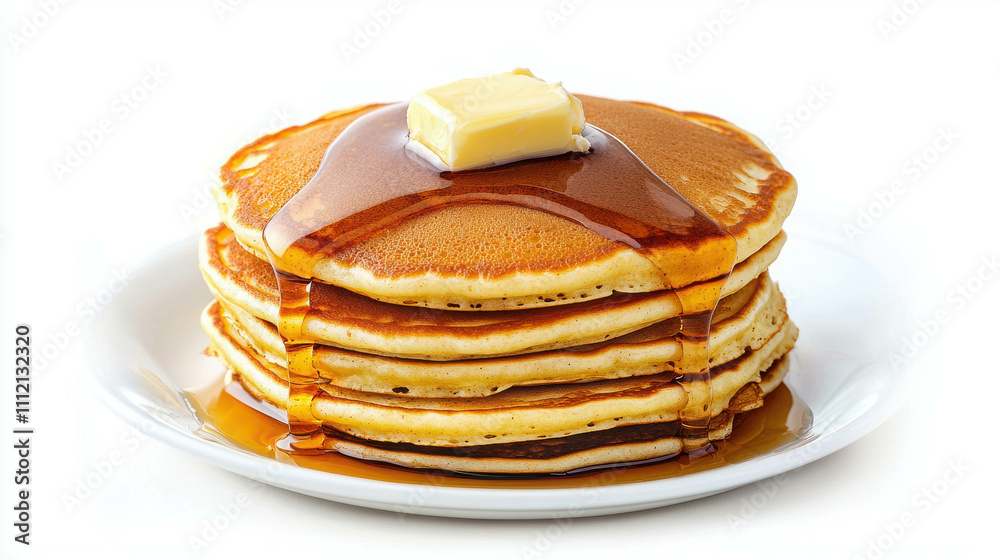 Stack of Golden Pancakes Topped with Butter and Syrup on a White Plate