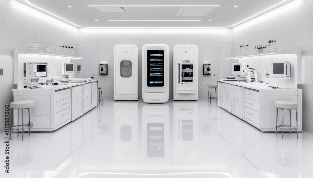 A modern laboratory with sleek white appliances and high-tech equipment. A modern laboratory with sleek white appliances and high-tech equipment.