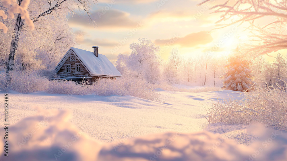 Snow-covered wooden cabin surrounded by frosty trees and a glowing sunrise in a serene winter landscape Snow-covered wooden cabin surrounded by frosty trees and a glowing sunrise in a serene winter landscape