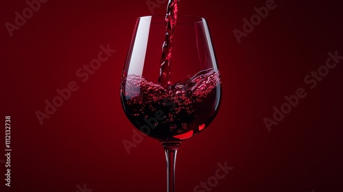 A glass of red wine is being poured with a blurry red background.