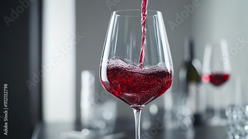 A glass of red wine is being poured with a blurry background of warm lights and a christmas tree.