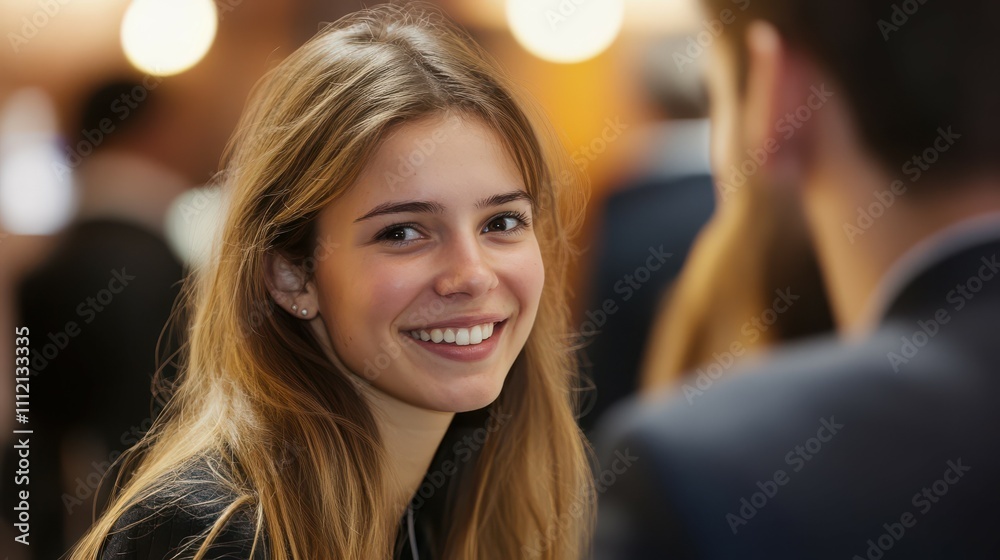 Smiling female business professional discussing with male entrepreneur during networking event at convention center
