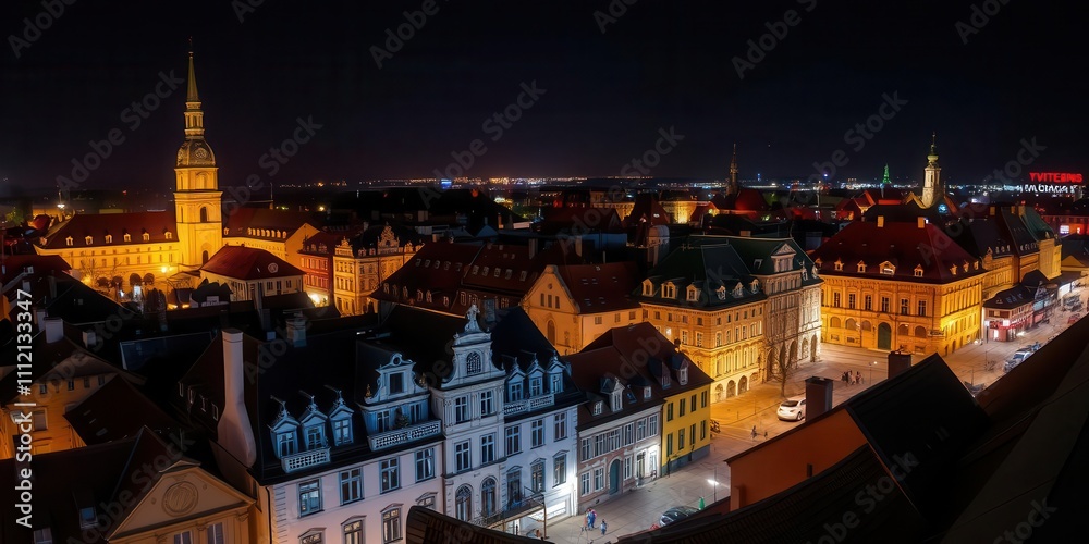 Fototapeta premium Panoramic view of illuminated old town buildings at night in Opole, Poland, lights, buildings