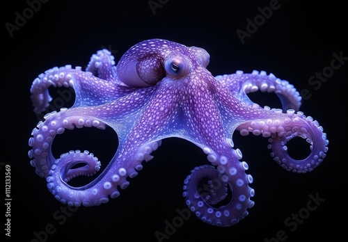 Captivating Close-Up of a Vibrant Purple Octopus Against a Mysterious Black Background, Showcasing Intricate Details and Unique Textures in Marine Life