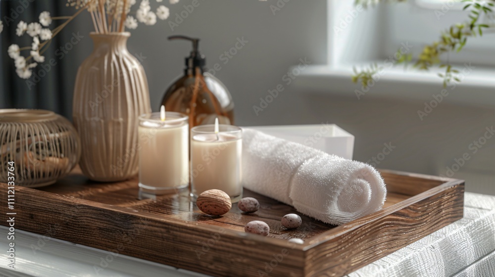 A serene spa scene featuring candles, soft towels, and natural decor elements, creating a tranquil ambiance ideal for relaxation and self-care at home or a professional spa setting.