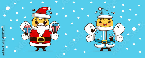 Adorable kawaii-style illustration of two bees dressed as Santa Claus and Snow Maiden. The cheerful characters are perfect for holiday-themed designs, greeting cards, social media, and festive decor.
