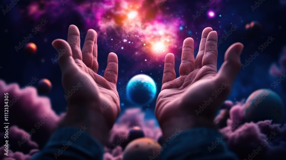 Two hands stretch towards a vibrant cosmic universe, representing humanity’s curiosity and desire to explore the mysteries of space and existence beyond Earth. Two hands stretch towards a vibrant cosmic universe, representing humanity’s curiosity and desire to explore the mysteries of space and existence beyond Earth.