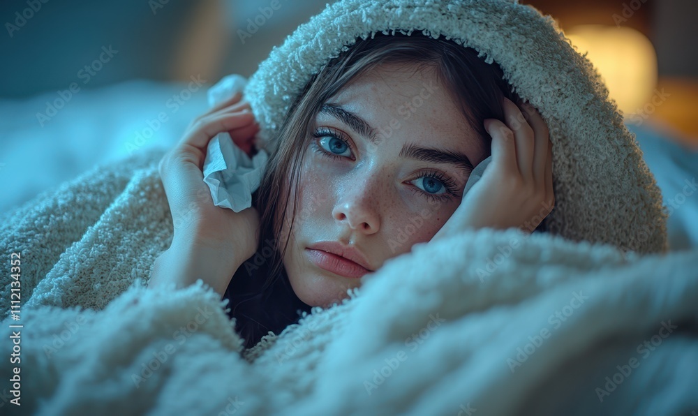 Sick young woman lying in bed wrapped in blanket, feeling unhealthy and sneezing in tissue. Unhappy girl with fever holding wet towel on her head, suffering from cold, seasonal infection or flu virus Sick young woman lying in bed wrapped in blanket, feeling unhealthy and sneezing in tissue. Unhappy girl with fever holding wet towel on her head, suffering from cold, seasonal infection or flu virus