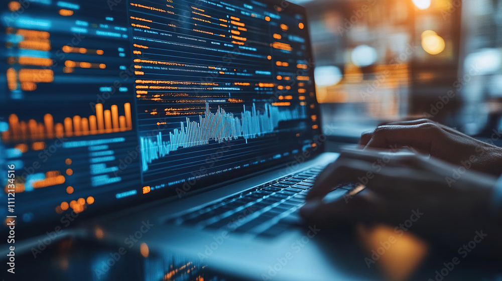 Working on data analysis with complex visualizations in a modern workspace during evening hours. Generative AI Working on data analysis with complex visualizations in a modern workspace during evening hours. Generative AI