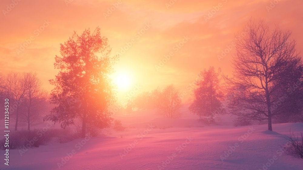 Majestic Winter Sunset: Vibrant Orange and Pink Glow Over Snowy Landscape with Silhouettes of Trees. Ultra-Detailed Scenic View. Majestic Winter Sunset: Vibrant Orange and Pink Glow Over Snowy Landscape with Silhouettes of Trees. Ultra-Detailed Scenic View.