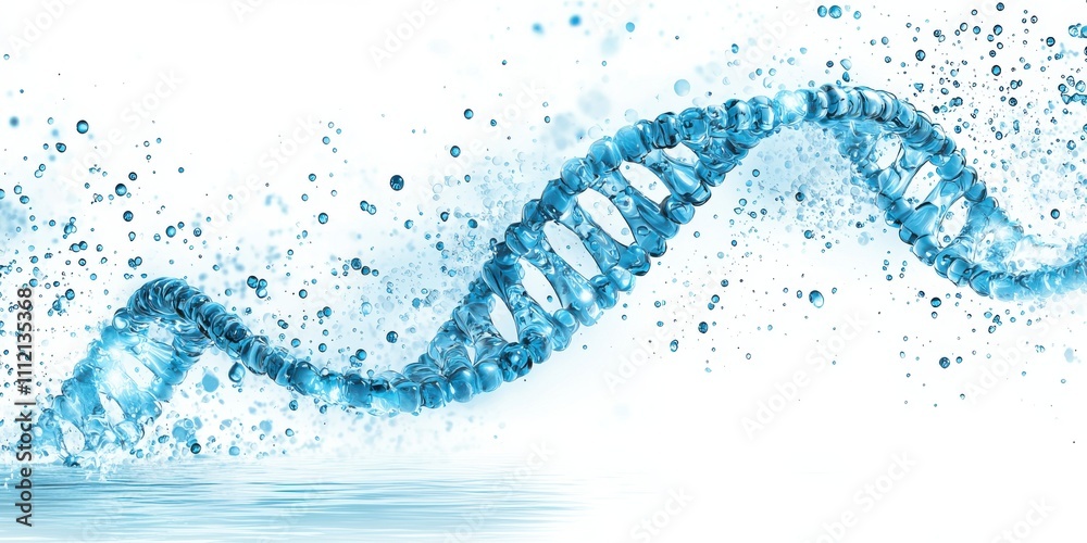 Blue DNA strand with sparkling effects against a white background, symbolizing genetics. Blue DNA strand with sparkling effects against a white background, symbolizing genetics.