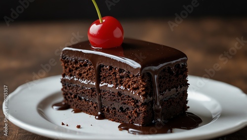 A slice of chocolate cake, drizzled with chocolate