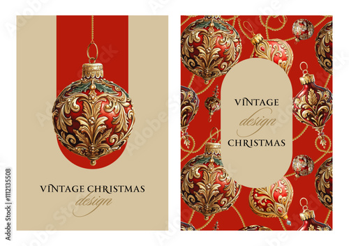 Vintage vector illustration with red Christmas tree decoration on a changeable background. Design template for a greeting card, invitation, notebook cover, flyer or certificate.
