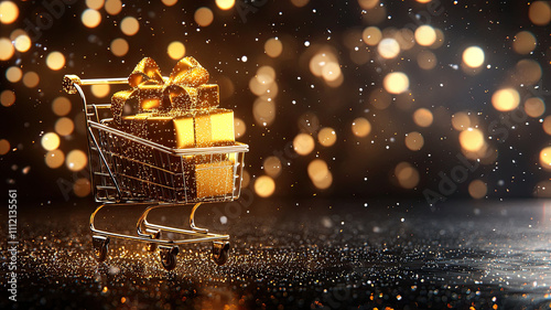 Golden gifts in shopping cart with sparkling lights create festive mood