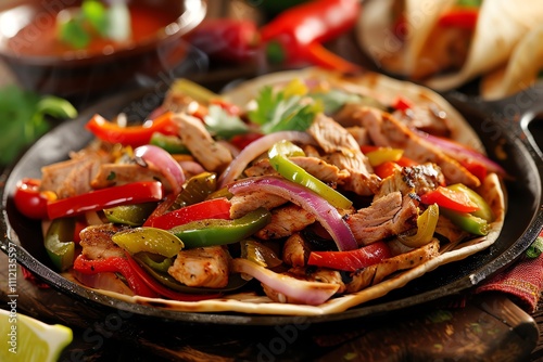 Sizzling fajitas with chicken, peppers, and onions served on a warm tortilla.