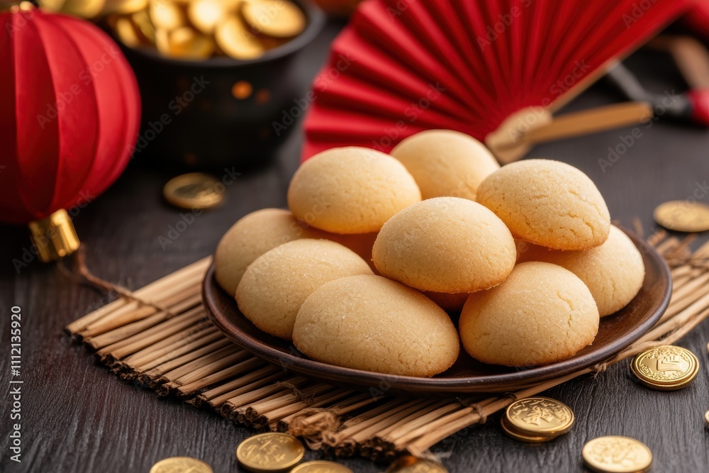 chinese new year dessert display, chinese almond cookies displayed on a bamboo mat surrounded by lucky coins and paper fans for a festive touch