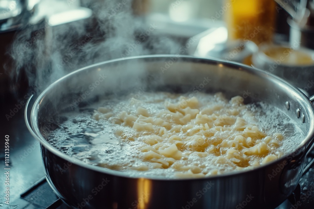 Cooking Pasta in Boiling Water in a Steel Pot, Close-Up Detail Cooking Pasta in Boiling Water in a Steel Pot, Close-Up Detail