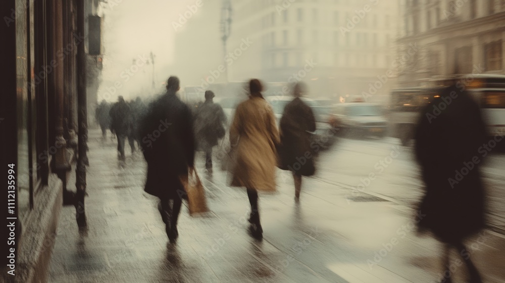 Fototapeta premium street photography - a picture of people and a city in motion. blur of lights, vintage charm and portraits of loneliness in the rhythm of the city bustle. street atmosphere of urban melancholy.