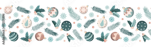 Christmas holiday baubles and fir branches horizontal border pattern. Vector illustration for Christmas and New Year. Isolated on white background