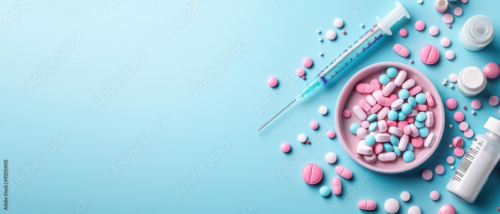 Colorful pills and syringes arranged on a blue background for pharmaceutical concepts. Colorful pills and syringes arranged on a blue background for pharmaceutical concepts.