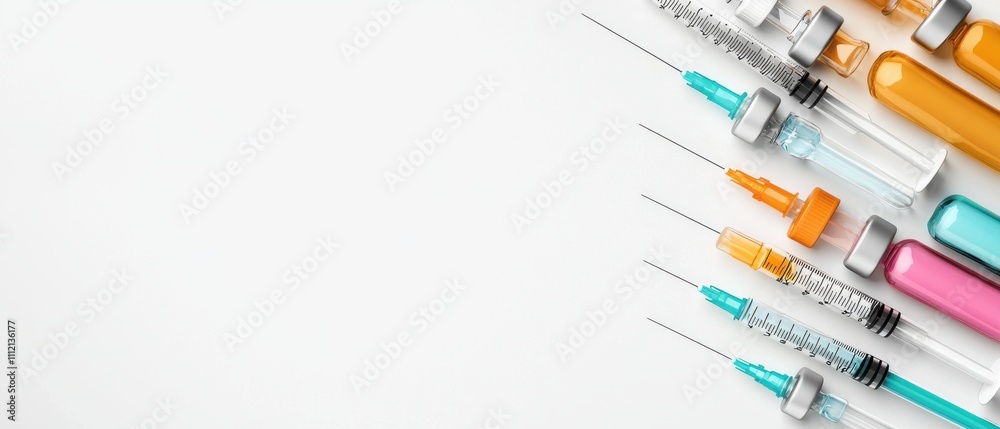 Colorful syringes lined up on a clean surface for medical or health-related purposes. Colorful syringes lined up on a clean surface for medical or health-related purposes.