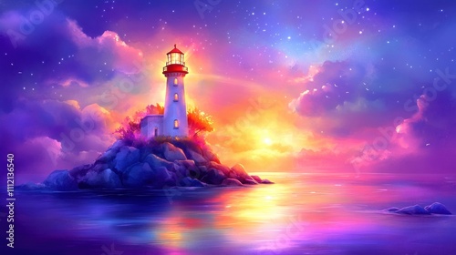 Serene Sunset Over a Majestic Lighthouse on an Isolated Island Surrounded by Calm Waters and Colorful Clouds in a Dreamlike Atmosphere
