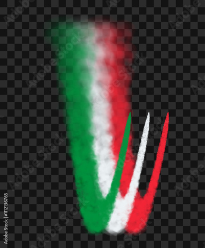 Smoke trails from a flying plane in the colors of the Italy flag. Red and white fog against a sky. 3d vector