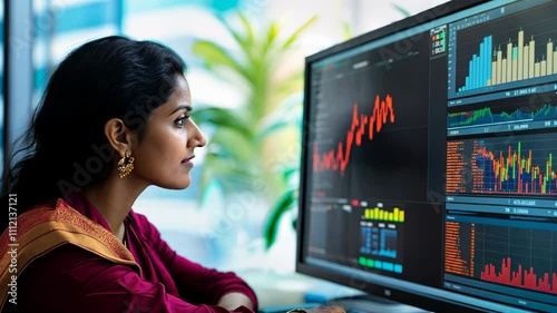 Young indian woman analyst in traditional hindu clothing checking bitcoin price chart on trade market. Visual statistics display. Cryptocurrency future price prediction, risk analysis concept.