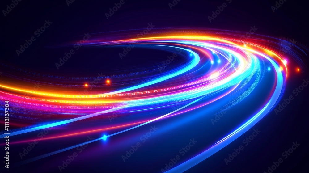 Curving, Multicolored Light Streams on Black, Motion, Speed, Energy, Streaks on Dark Background Curving, Multicolored Light Streams on Black, Motion, Speed, Energy, Streaks on Dark Background