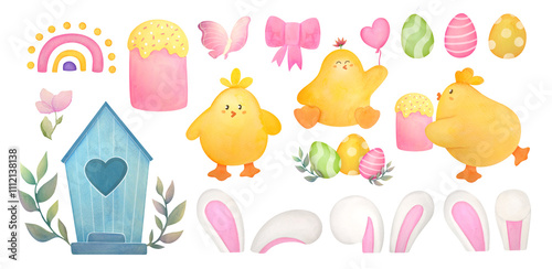 chick, Easter eggs, bunny ears, birdhouse set. cute Hand drawing watercolor spring elements. festive spring illustrations collection. clip art and cut out photo