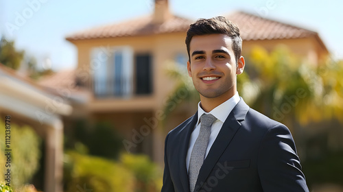 Young businessman smiling confidently in front of his beautiful modern home, professional attire, sunny day