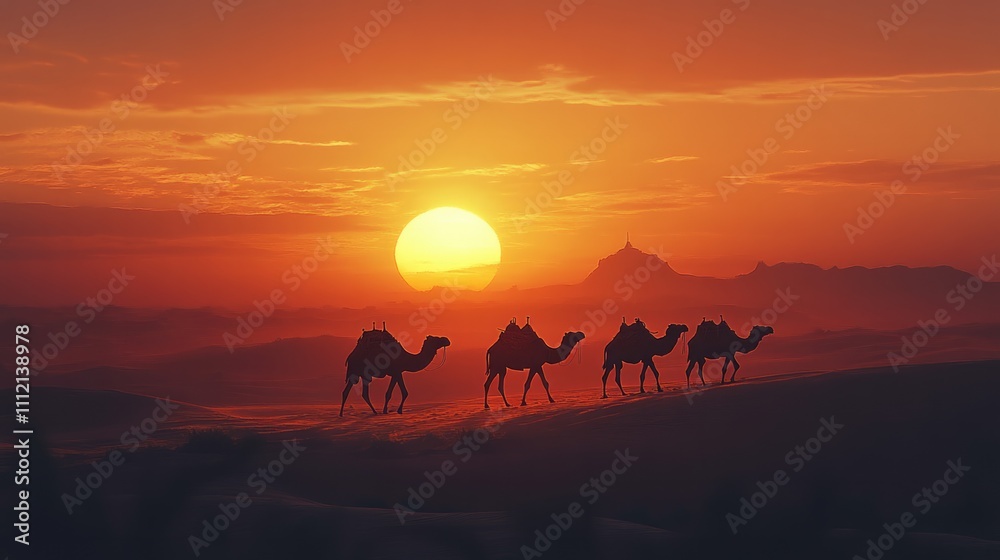Naklejka premium Silhouettes of camels walking across a desert at sunset