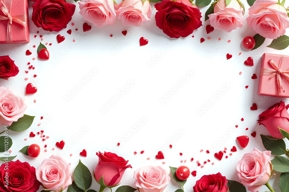 Valentine's Day. Frame made of rose flowers, gifts, candles, confetti on white background. Valentines day background. Flat lay, top view, copy space. Valentine's Day. Frame made of rose flowers, gifts, candles, confetti on white background. Valentines day background. Flat lay, top view, copy space.